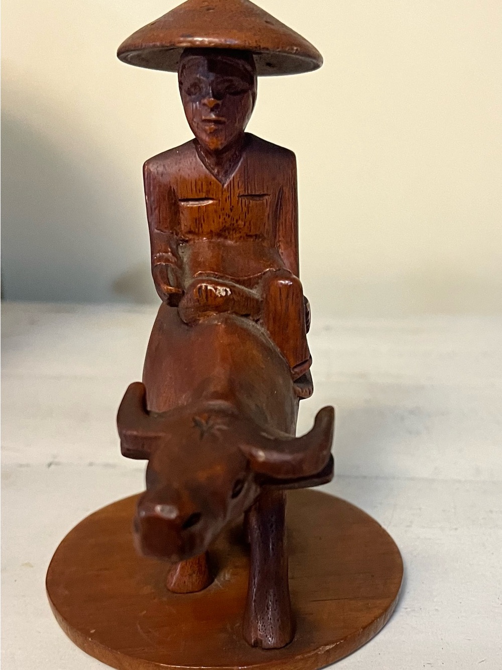 Vintage Brown Wood Farmer on Ox Figurine